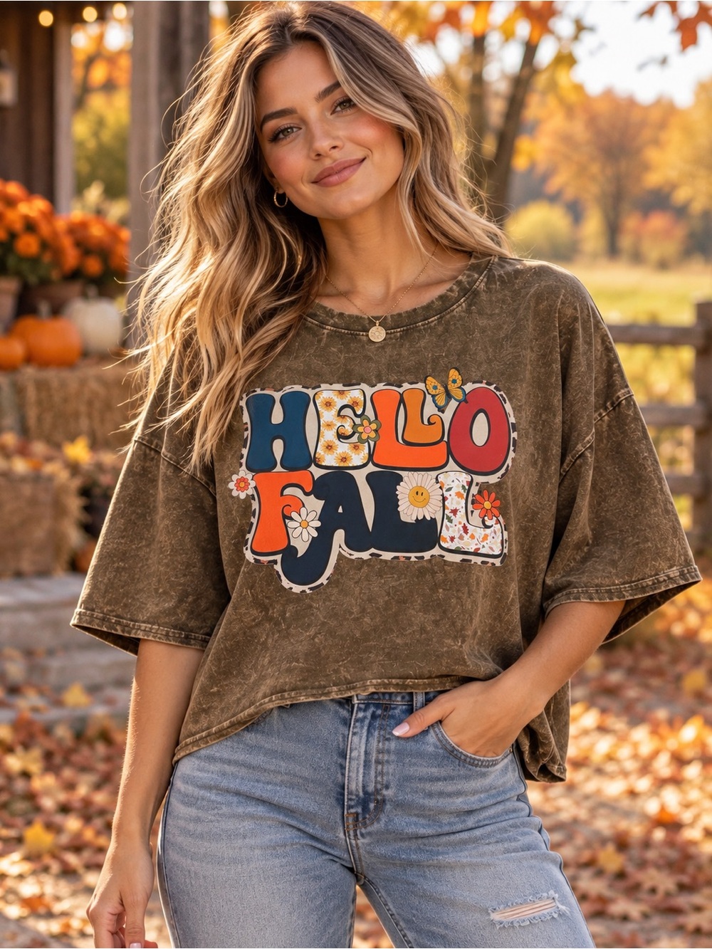 🆕 Hello Fall Oversized Crop Tee Brown Retro One Size Fits All